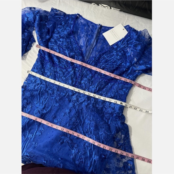 NWT $798 Mac Duggal [ 16 ] V Neck Mesh Puff Sleeve A Line Embellished Dress Blue - Picture 4 of 16